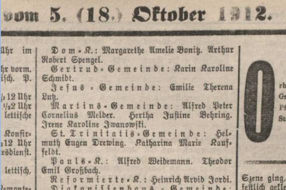 Heinrich Arvid Jordi Taufanzeige Rigasche Zeitung Nr 233 05101912 S 5